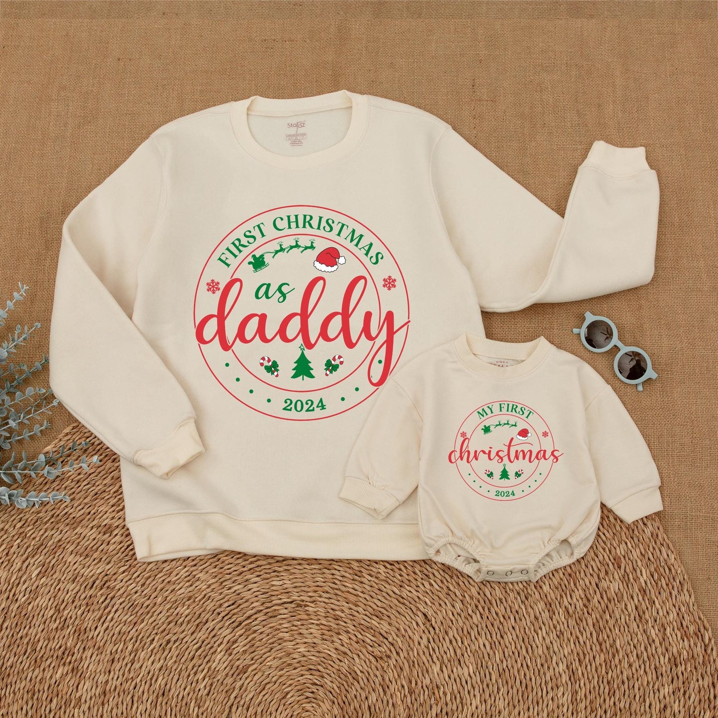 Personalized First Christmas Family Matching Sweatshirt 2024 for Mom Dad Baby & Big Brother Sister Whimsical Sweaters