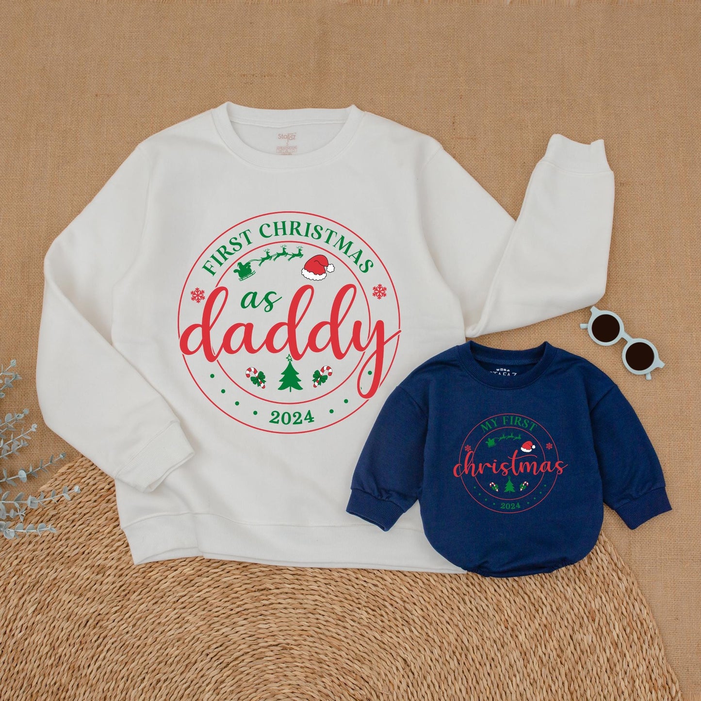 Personalized First Christmas Family Matching Sweatshirt 2024 for Mom Dad Baby & Big Brother Sister Whimsical Sweaters