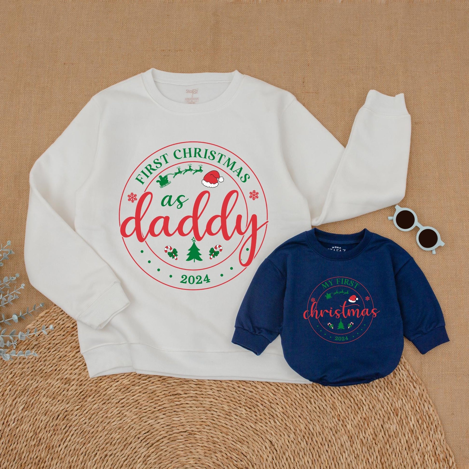 Personalized First Christmas Family Matching Sweatshirt 2024 for Mom Dad Baby & Big Brother Sister Whimsical Sweaters