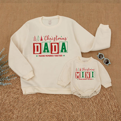 Personalized Family Matching Christmas Sweatshirts with Festive Trees, Stars, Red Green Boxed Names Making Memories Together and First Christmas Romper