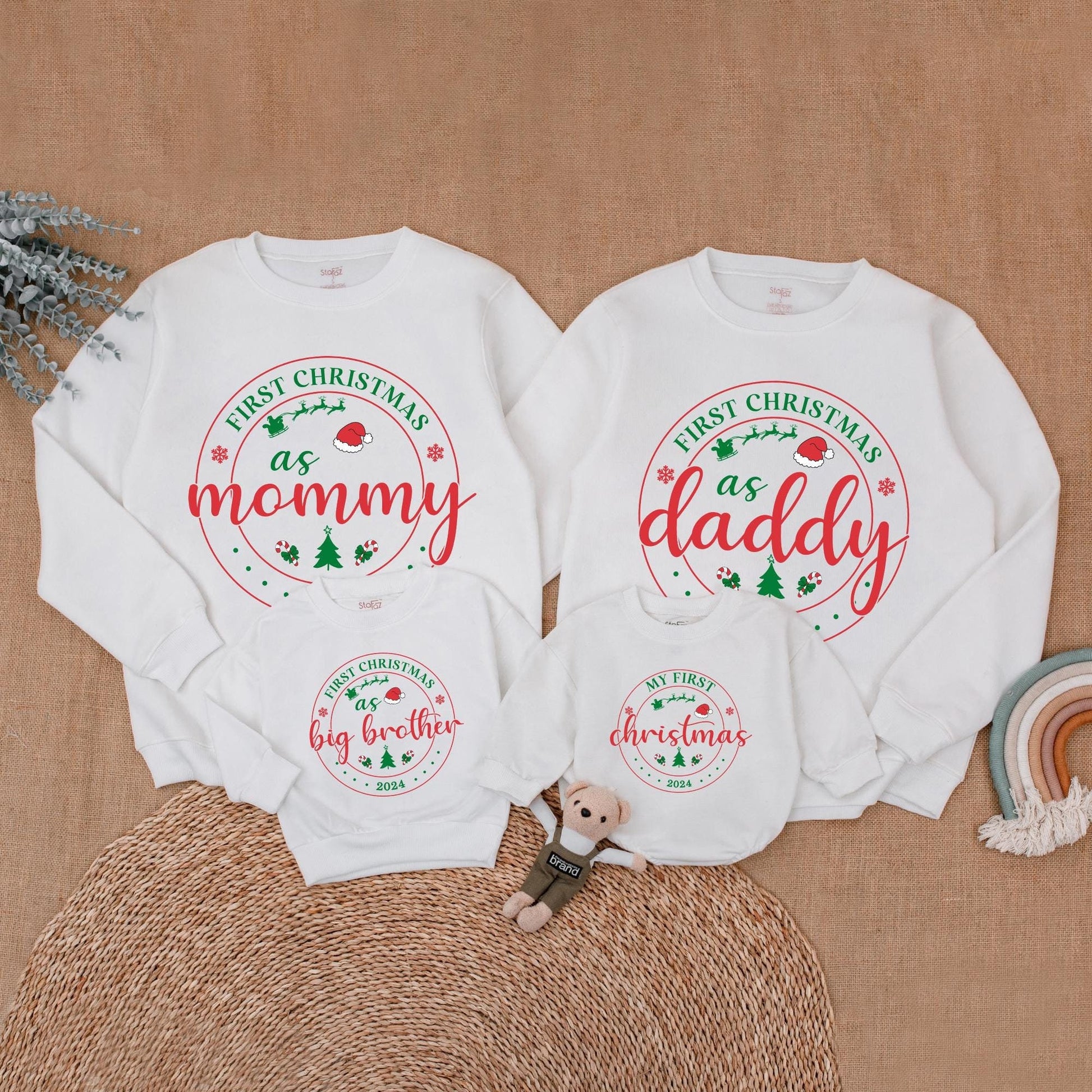 Personalized First Christmas Family Matching Sweatshirt 2024 for Mom Dad Baby & Big Brother Sister Whimsical Sweaters