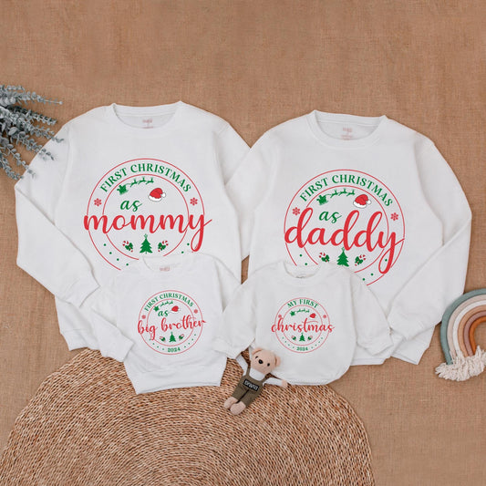 Personalized First Christmas Family Matching Sweatshirt 2024 for Mom Dad Baby & Big Brother Sister Whimsical Sweaters