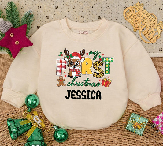 Personalized My First Christmas Baby Girl Romper Sweatshirt featuring Reindeer Gingerbread Man Festive Plaid Leopard Argyle Print Holiday Outfit