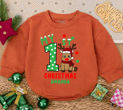Personalized My 1st Christmas Baby Romper Sweatshirt with Cheerful Reindeer Stars & Snowflakes, Newborn First Holiday Outfit Baby Shower Gift