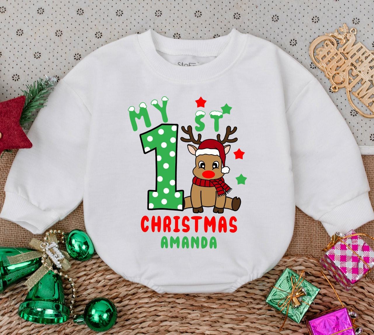 Personalized My 1st Christmas Baby Romper Sweatshirt with Cheerful Reindeer Stars & Snowflakes, Newborn First Holiday Outfit Baby Shower Gift