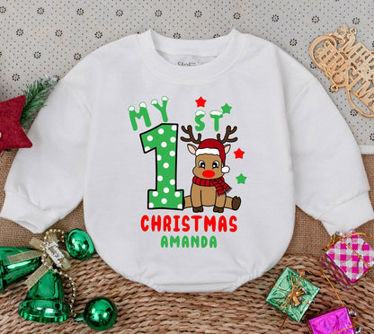 Personalized My 1st Christmas Baby Romper Sweatshirt with Cheerful Reindeer Stars & Snowflakes, Newborn First Holiday Outfit Baby Shower Gift