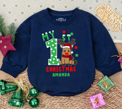 Personalized My 1st Christmas Baby Romper Sweatshirt with Cheerful Reindeer Stars & Snowflakes, Newborn First Holiday Outfit Baby Shower Gift