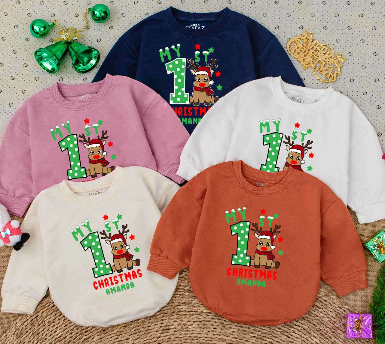 Personalized My 1st Christmas Baby Romper Sweatshirt with Cheerful Reindeer Stars & Snowflakes, Newborn First Holiday Outfit Baby Shower Gift