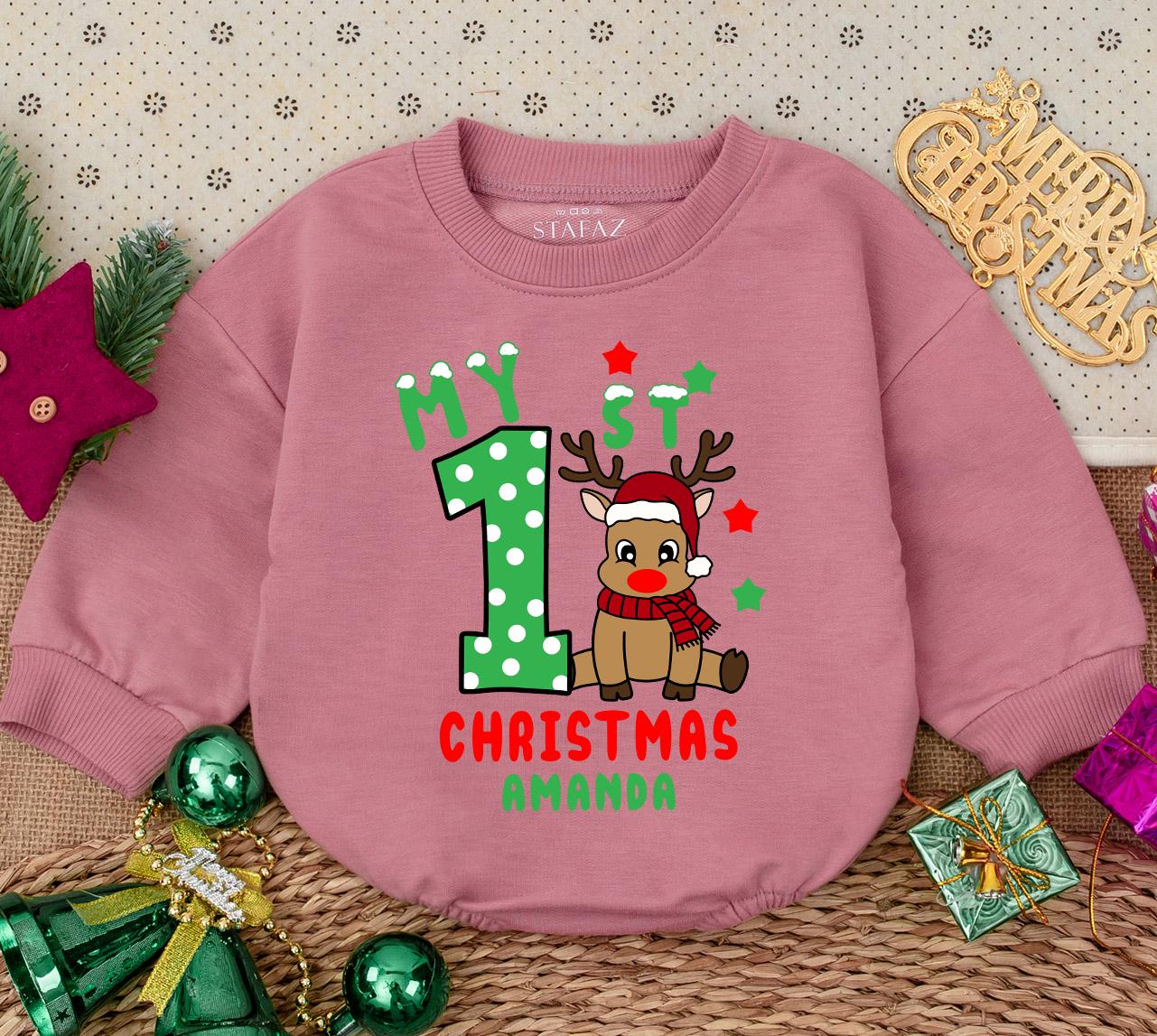 Personalized My 1st Christmas Baby Romper Sweatshirt with Cheerful Reindeer Stars & Snowflakes, Newborn First Holiday Outfit Baby Shower Gift