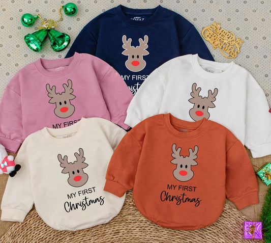 My First Christmas Baby Romper featuring Cute Reindeer Red Nose Design, a cozy newborn holiday sweatshirt for baby's first winter outfit.