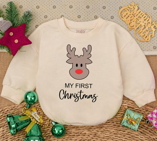 My First Christmas Baby Romper featuring Cute Reindeer Red Nose Design, a cozy newborn holiday sweatshirt for baby's first winter outfit.