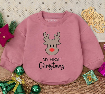 My First Christmas Baby Romper featuring Cute Reindeer Red Nose Design, a cozy newborn holiday sweatshirt for baby's first winter outfit.