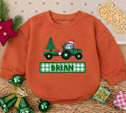 Personalized Green Tractor Christmas Romper Boys First Christmas Bodysuit Festive Cartoon Farm Vehicle Santa Hat Driver Custom Name Baby Winter Holiday Clothes Gift