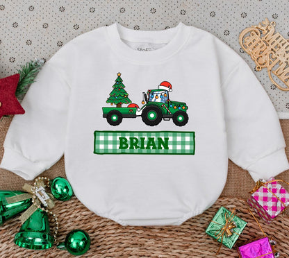 Personalized Green Tractor Christmas Romper Boys First Christmas Bodysuit Festive Cartoon Farm Vehicle Santa Hat Driver Custom Name Baby Winter Holiday Clothes Gift