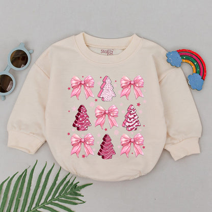 Retro Pink Christmas Tree Baby Girl Romper with Cookie Style Trees Iridescent Bows First Christmas Holiday Outfit Newborn Baby Shower Gift