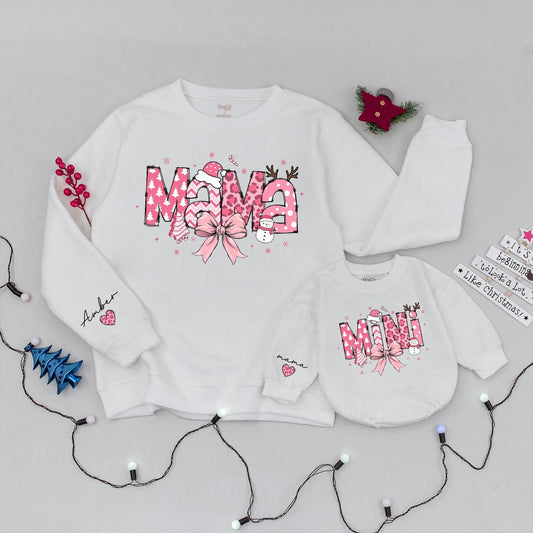 Pink Coquette Christmas Mama & Mini Sweatshirt Set, Checkered Xmas Bow, Trendy Family Holiday Outfits,  Personalized 'Amber' Sleeve, Baby Romper