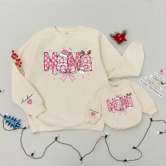 Pink Coquette Christmas Mama & Mini Sweatshirt Set, Checkered Xmas Bow, Trendy Family Holiday Outfits,  Personalized 'Amber' Sleeve, Baby Romper