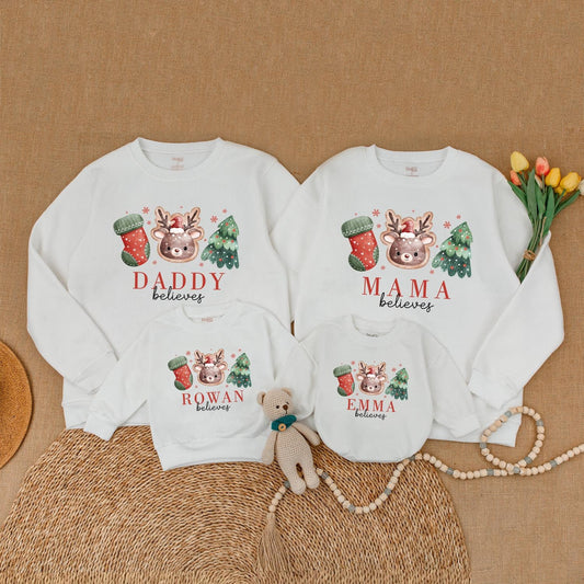 Personalized Family Christmas Believes Sweatshirts Rompers & Shirts with Cute Reindeer Tree Stocking Hand-Drawn Whimsical Design for Holiday Gatherings