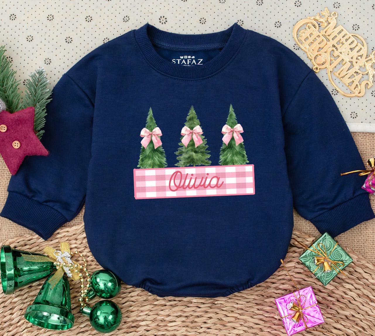 Personalized Baby Girl Christmas Romper with Watercolor Trees & Pink Bows, Sweet First Holiday Outfit Infant Bodysuit Winter Baby Shower Gift