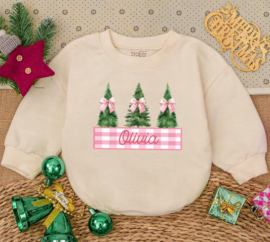 Personalized Baby Girl Christmas Romper with Watercolor Trees & Pink Bows, Sweet First Holiday Outfit Infant Bodysuit Winter Baby Shower Gift