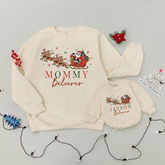 Personalized Matching Family Christmas Believes Sweatshirts Rompers Retro Santa Sleigh Design Hand-Drawn Red Green Snowflakes