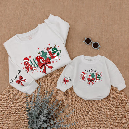 Personalized Christmas Auntie & Bestie Matching Sweatshirts Festive Red Green Holiday Design Snowmen Holly Stars Decorated Cozy Gift for Aunt