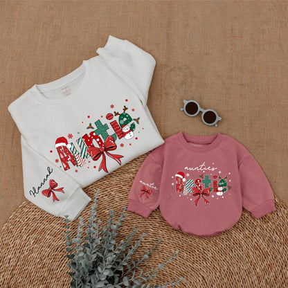 Personalized Christmas Auntie & Bestie Matching Sweatshirts Festive Red Green Holiday Design Snowmen Holly Stars Decorated Cozy Gift for Aunt