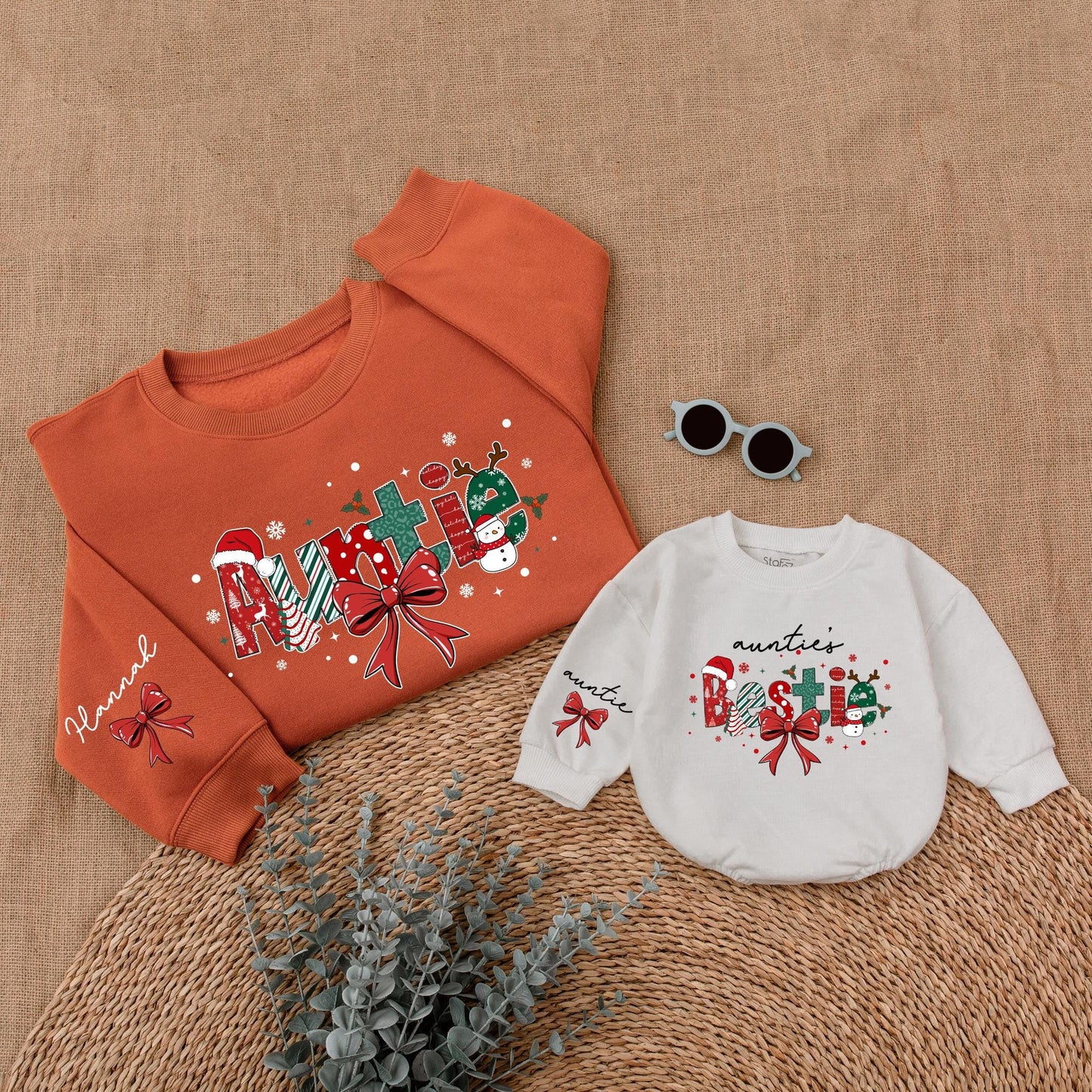 Personalized Christmas Auntie & Bestie Matching Sweatshirts Festive Red Green Holiday Design Snowmen Holly Stars Decorated Cozy Gift for Aunt