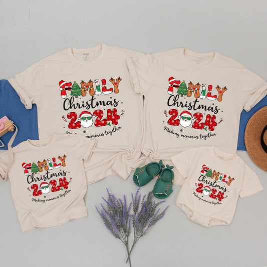 Family Christmas 2024 Making Memories Together Matching Shirts with Festive Santa Christmas Tree & Snowflake Design