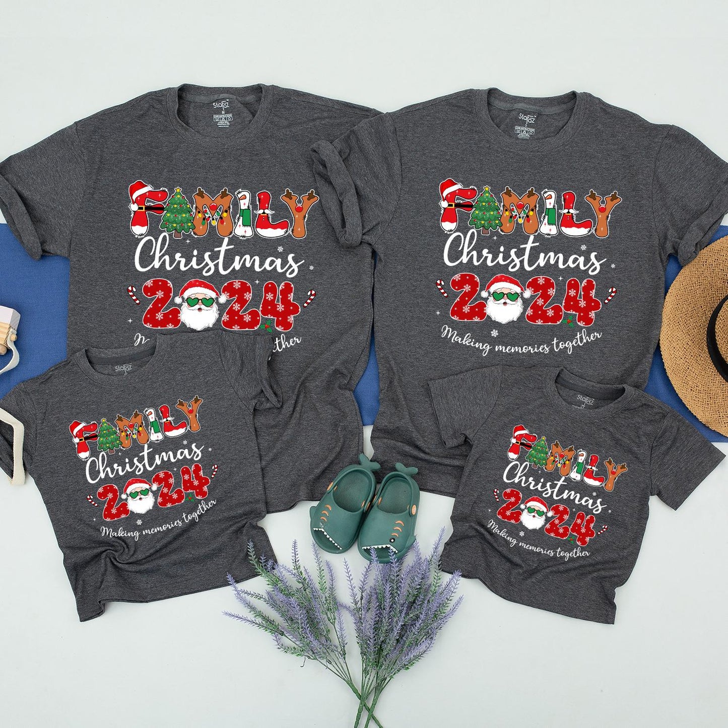 Family Christmas 2024 Making Memories Together Matching Shirts with Festive Santa Christmas Tree & Snowflake Design