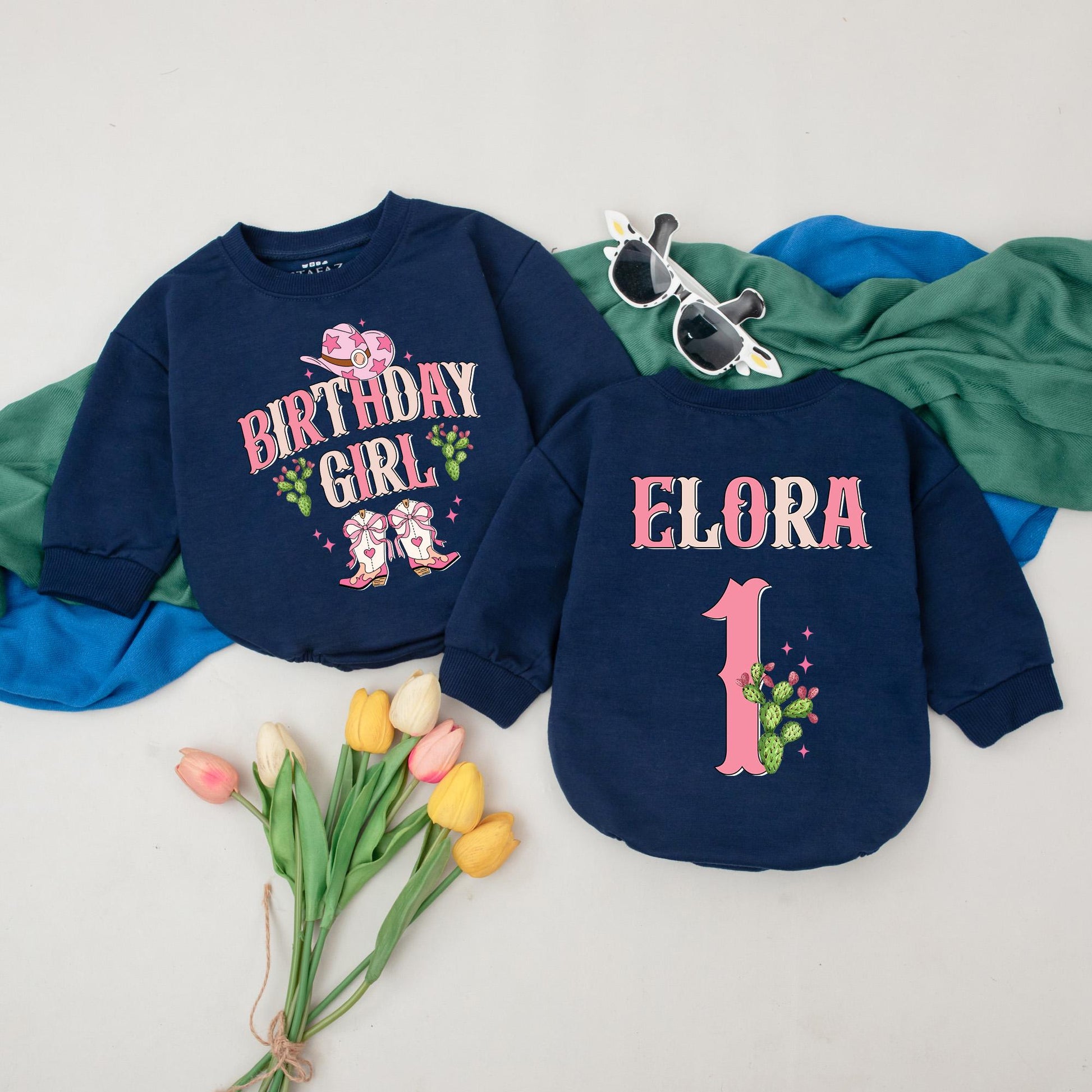 Personalized Western Birthday Romper for Girls "BIRTHDAY GIRL" Cowgirl Boots Cactus Pink Tan Vintage Flair