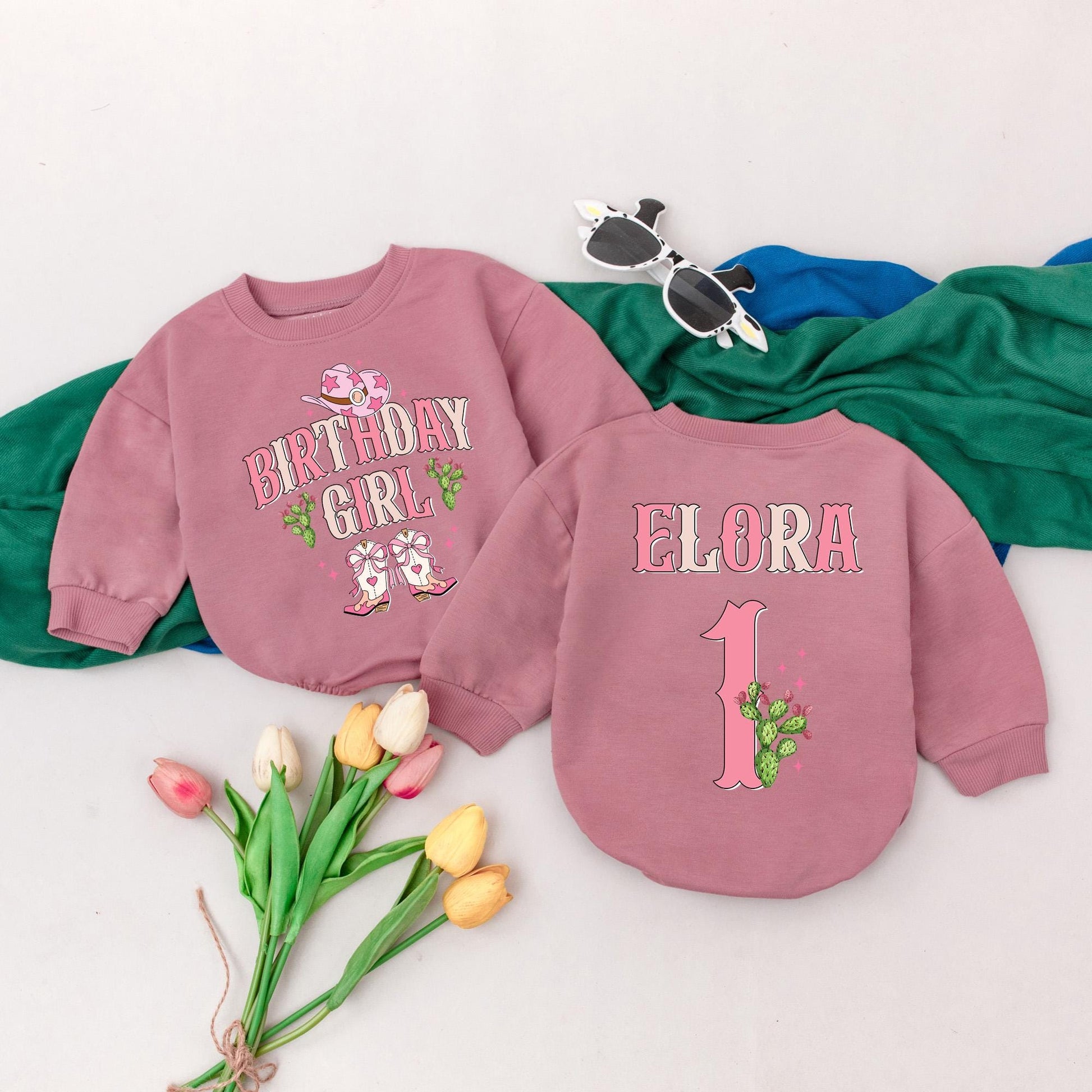 Personalized Western Birthday Romper for Girls "BIRTHDAY GIRL" Cowgirl Boots Cactus Pink Tan Vintage Flair