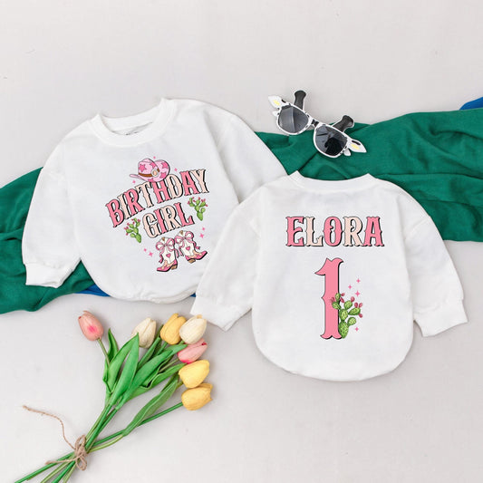 Personalized Western Birthday Romper for Girls "BIRTHDAY GIRL" Cowgirl Boots Cactus Pink Tan Vintage Flair
