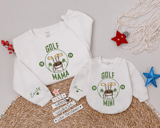 Custom Golf Mama and Mini Matching Shirts 2024 Palm Tree Golf Bag Design Muted Green Family Outfit Birthday Gift
