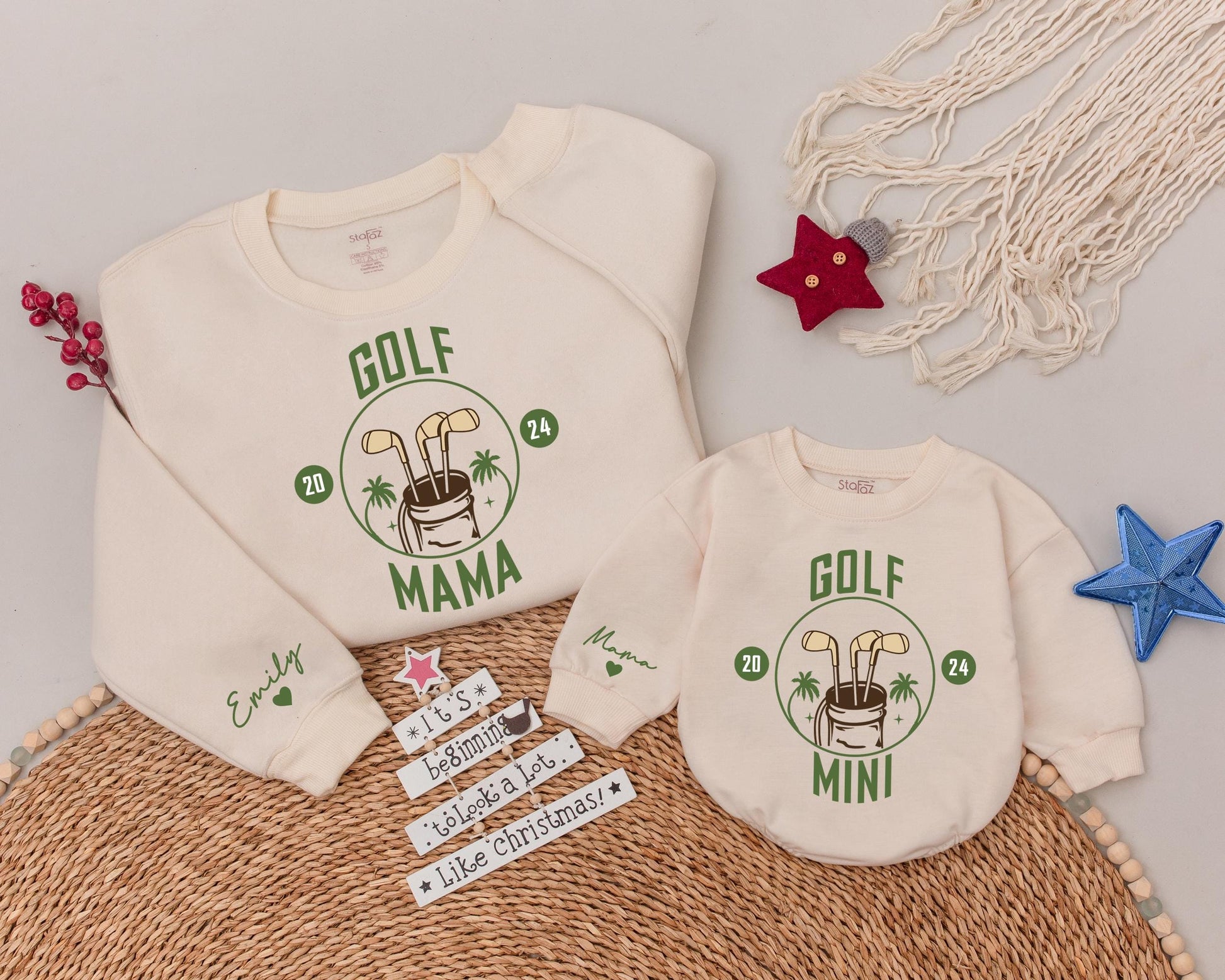 Custom Golf Mama and Mini Matching Shirts 2024 Palm Tree Golf Bag Design Muted Green Family Outfit Birthday Gift