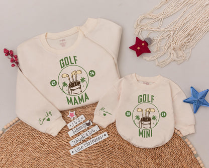 Custom Golf Mama and Mini Matching Shirts 2024 Palm Tree Golf Bag Design Muted Green Family Outfit Birthday Gift
