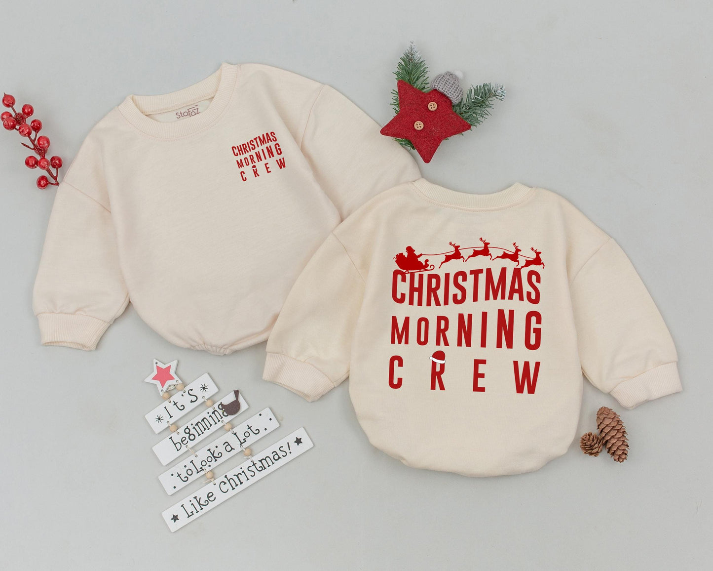 Christmas Morning Crew Matching Family Sweatshirts, Red Vintage Santa Sleigh Design, Mama, Mini & Me, Festive Holiday Outfit, Merry Christmas Sweatshirt