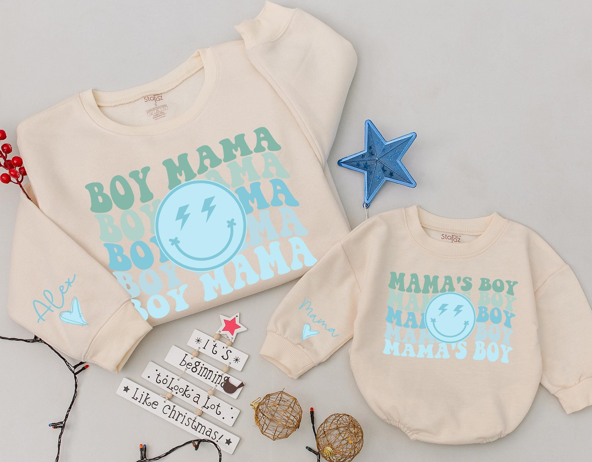 Boy Mama & Mama's Boy Matching Retro Smiley Face Sweatshirts, Custom Alex Heart Sleeve, Groovy Family Gift, Mom & Baby