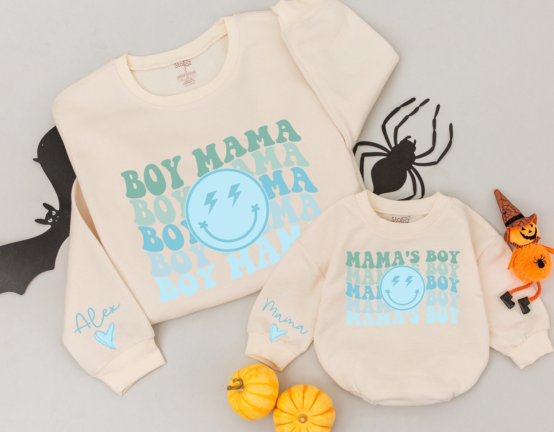 Boy Mama & Mama's Boy Matching Retro Smiley Face Sweatshirts, Custom Alex Heart Sleeve, Groovy Family Gift, Mom & Baby