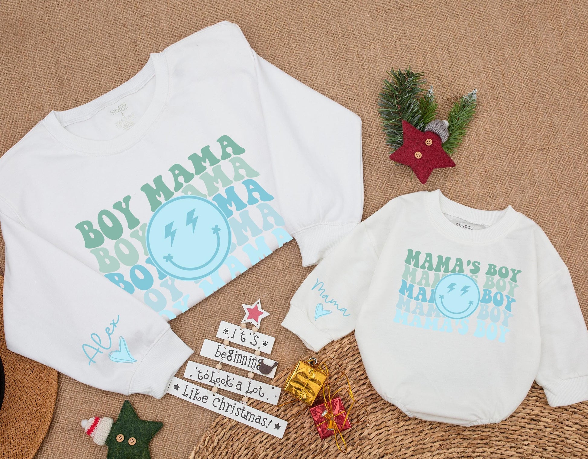 Boy Mama & Mama's Boy Matching Retro Smiley Face Sweatshirts, Custom Alex Heart Sleeve, Groovy Family Gift, Mom & Baby