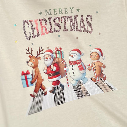 Merry Christmas Cartoon Crewneck, Walking Reindeer Santa Snowman Gingerbread Man Outfit Shirt, Festive Holiday Sparkle Clothes, Kid's Sequin Tee 139 chars
