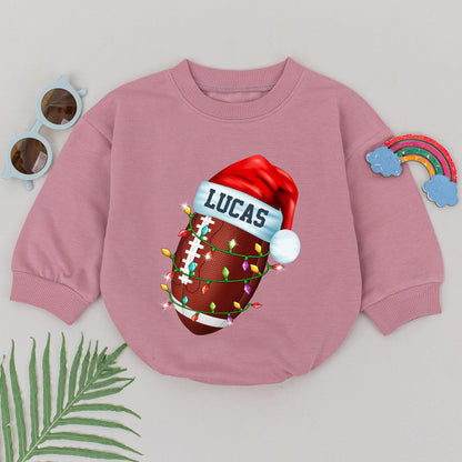 Personalized Baby Boy Football Christmas Romper, First Birthday Outfit with Festive Santa Hat and String Lights Design