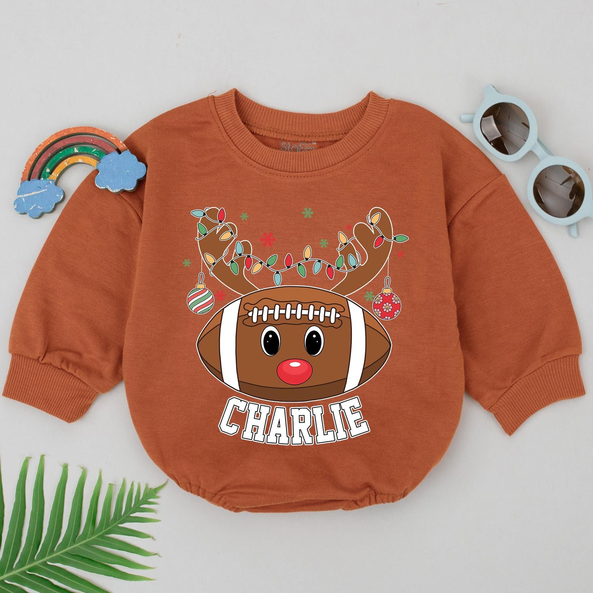 Personalized Football Reindeer Christmas Romper Baby Boy First Christmas Outfit with Antlered Football, Rudolph Nose, Lights and Snowflakes for Themed Gifts