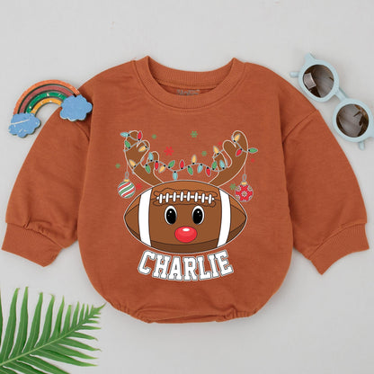 Personalized Football Reindeer Christmas Romper Baby Boy First Christmas Outfit with Antlered Football, Rudolph Nose, Lights and Snowflakes for Themed Gifts