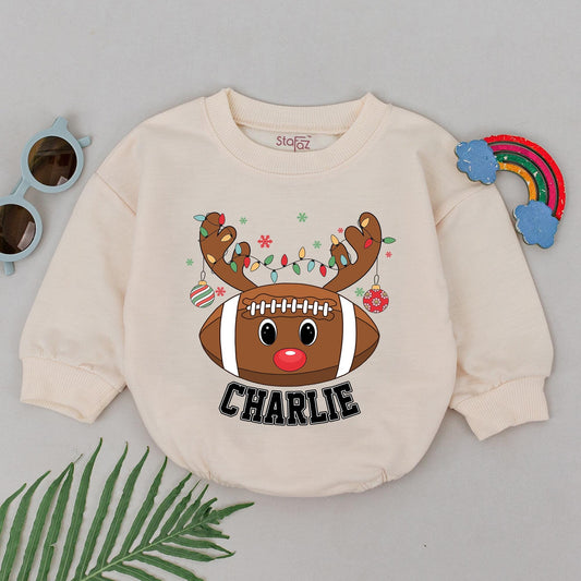 Personalized Football Reindeer Christmas Romper Baby Boy First Christmas Outfit with Antlered Football, Rudolph Nose, Lights and Snowflakes for Themed Gifts