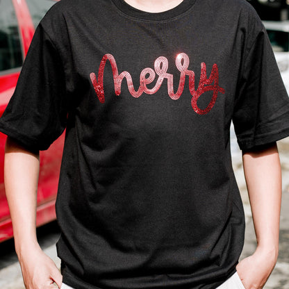 Merry Christmas Glitter Wordmark Shirt: Sparkly Holiday Tee with Shimmering Red & Pink Sequins, Festive Bling Bling Outfit, Women's Christmas Clothes