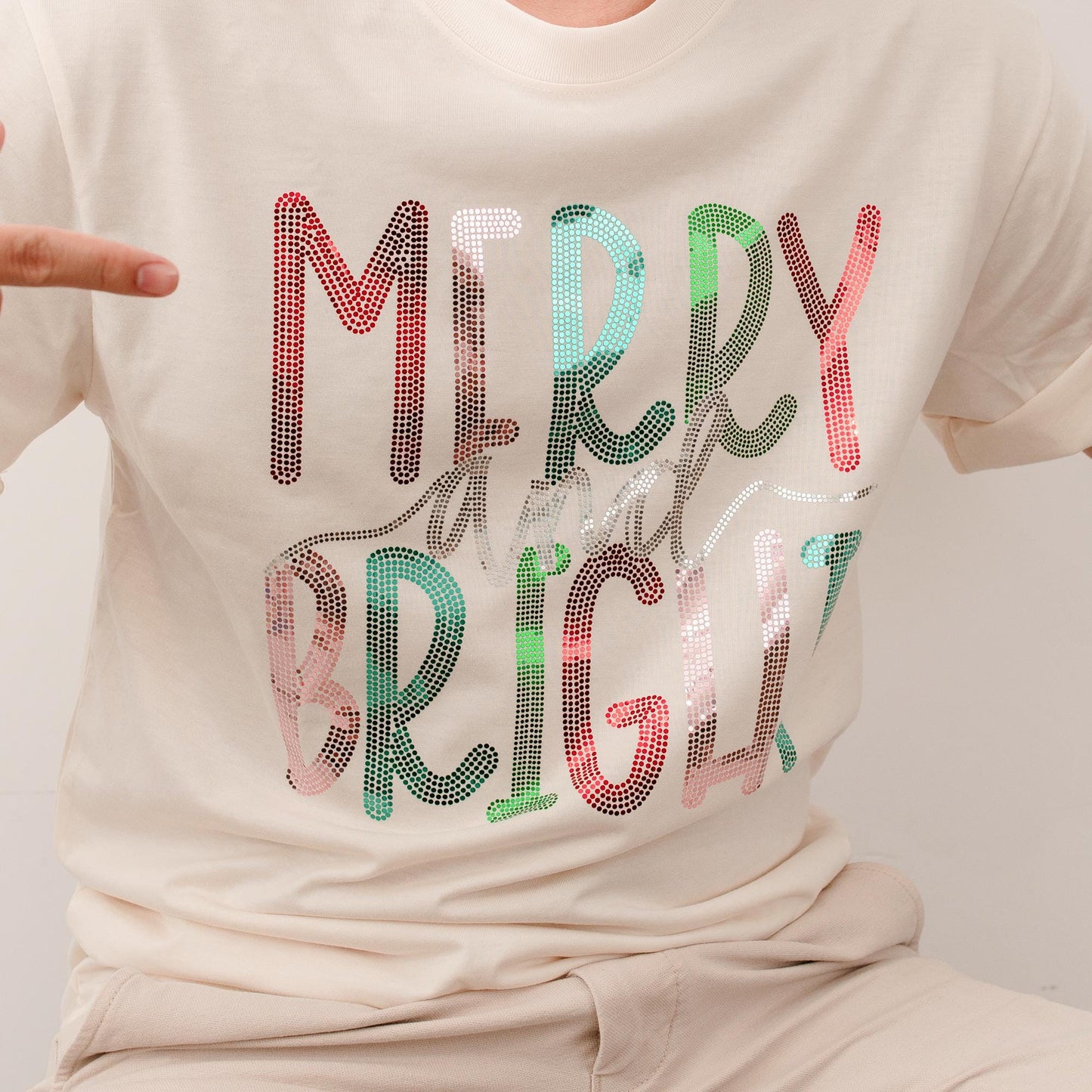 Merry and Bright Sequin Christmas Shirt for Girls & Boys Glitter Sparkle Tee Holiday Outfit Fun Festive Sequined Design Christmas Clothes Party Top 138char