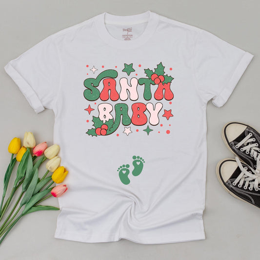 Pregnant Santa Baby Christmas Maternity Sweatshirt Vintage Retro Style New Mom Gift Pregnancy Reveal Expecting Festive Holiday Tee