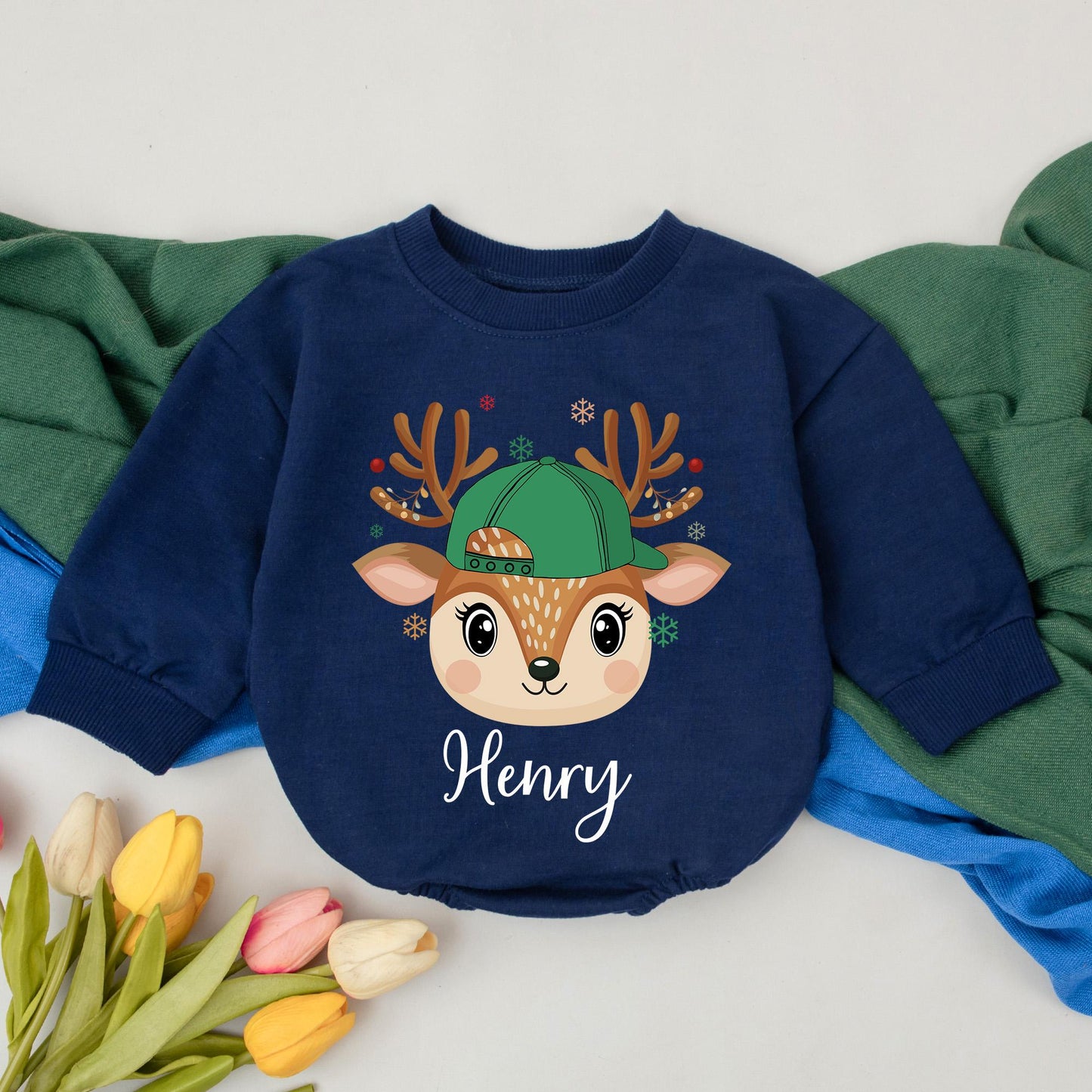 Personalized Christmas Reindeer Romper First Baby Holiday Outfit Cute Whimsical Green Capped Antlered Reindeer With Berries Snowflakes Infant Boy Gift