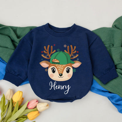 Personalized Christmas Reindeer Romper First Baby Holiday Outfit Cute Whimsical Green Capped Antlered Reindeer With Berries Snowflakes Infant Boy Gift